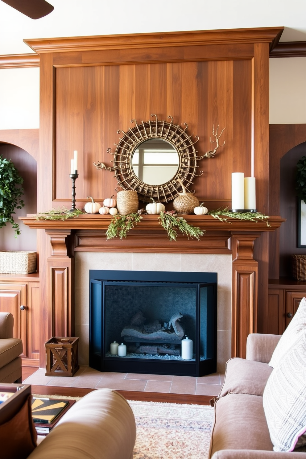 A cozy living room featuring a stunning fireplace adorned with copper and bronze decorative accents. The mantel is elegantly decorated with a mix of seasonal elements, including small pumpkins and woven baskets, creating a warm and inviting atmosphere for Labor Day celebrations. The fireplace is framed by rich wooden cabinetry, enhancing the rustic charm of the space. Plush seating in earthy tones invites guests to gather around, while soft lighting casts a gentle glow, perfect for enjoying the holiday together.