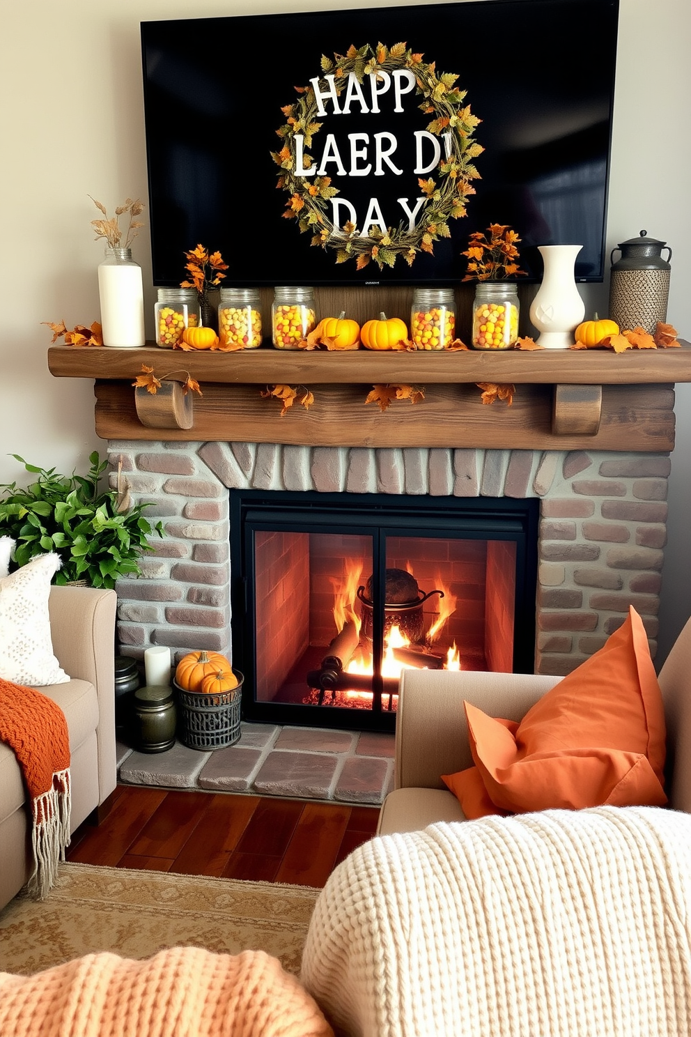 A cozy living room setting featuring a rustic fireplace adorned with seasonal decorations for Labor Day. The mantel is decorated with glass jars filled with colorful seasonal treats, surrounded by small pumpkins and autumn leaves. The warm glow of the fire enhances the inviting atmosphere, while comfortable seating is arranged to encourage conversation. Soft, textured blankets and pillows in shades of orange and cream add a touch of comfort and style.