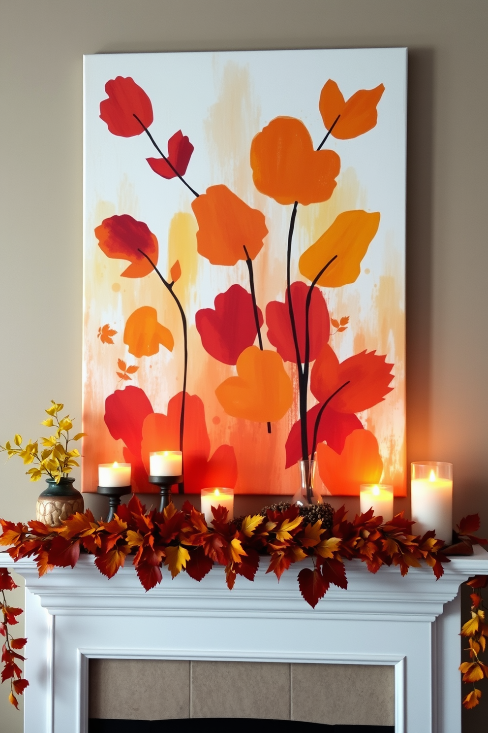 Artistic wall art reflecting autumn colors. The canvas features vibrant reds, oranges, and yellows in abstract forms, capturing the essence of fall foliage. Labor Day fireplace decorating ideas. The mantel is adorned with rustic elements such as wooden accents, seasonal candles, and a garland of autumn leaves for a warm, inviting atmosphere.