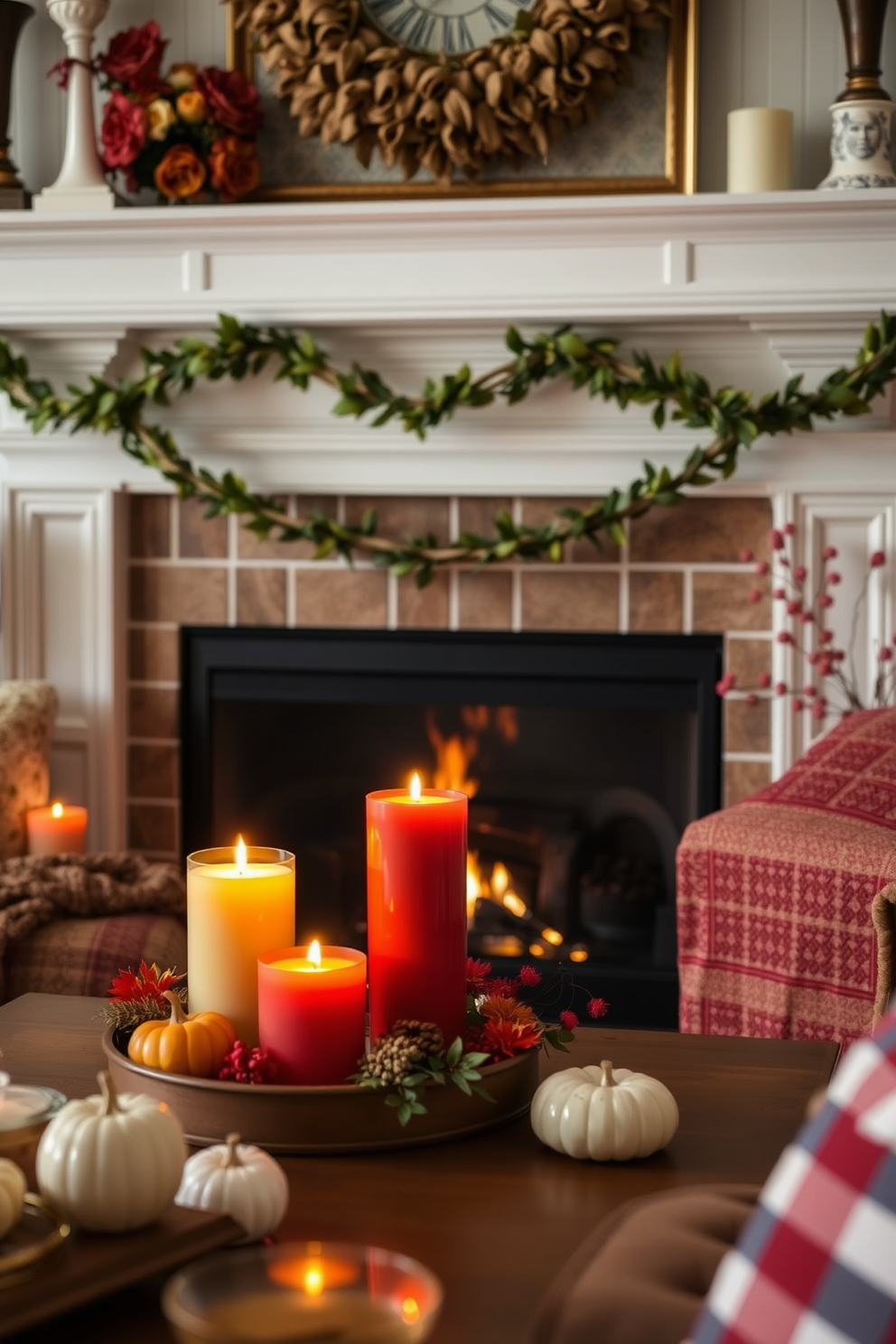 A cozy living room setting featuring a fireplace adorned with seasonal candles in autumn hues. The warm glow from the candles complements the rich tones of the surrounding decor, creating an inviting atmosphere for Labor Day celebrations.