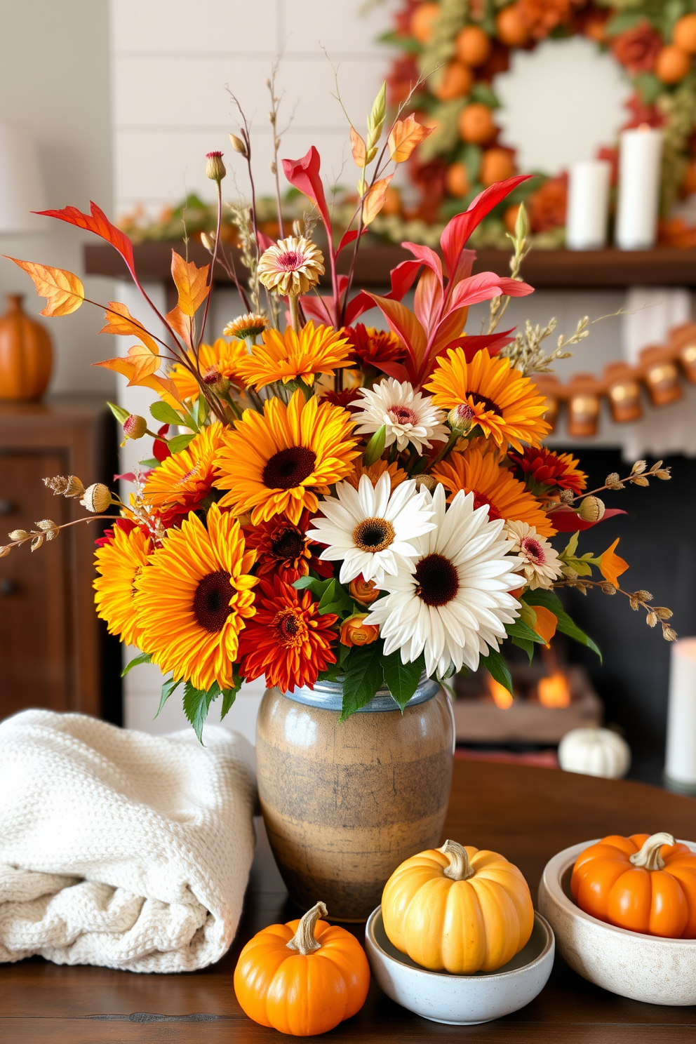 Floral arrangements with fall foliage feature vibrant hues of orange, red, and yellow. The arrangement includes seasonal flowers like chrysanthemums, sunflowers, and dahlias, artfully placed in a rustic ceramic vase. Labor Day fireplace decorating ideas incorporate cozy elements that evoke warmth and relaxation. Use a mix of soft blankets, decorative pillows, and seasonal accents like mini pumpkins and candles to create an inviting atmosphere.