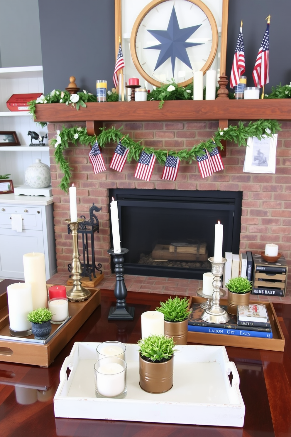 Decorative trays for organized displays. A collection of elegant trays in various sizes is arranged on a polished wooden table, showcasing an assortment of candles, small potted plants, and decorative books. Labor Day fireplace decorating ideas. The fireplace is adorned with a rustic mantelpiece, decorated with seasonal garlands, small American flags, and a mix of candles in red, white, and blue hues.