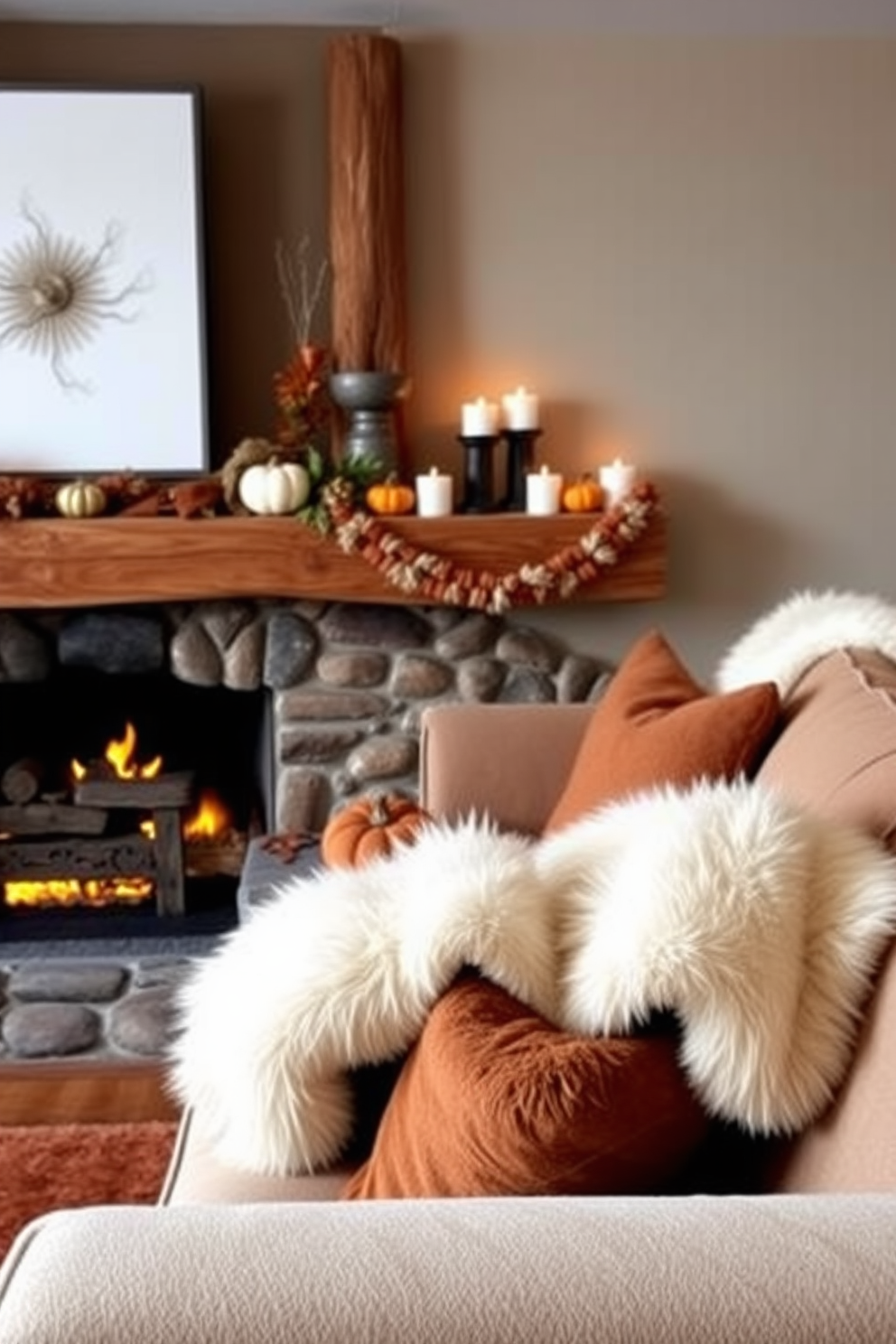 A cozy living room setting featuring a rustic fireplace adorned with seasonal decorations. Soft faux fur throws are draped over a plush sectional sofa, inviting warmth and comfort. The fireplace mantle is decorated with autumn-themed accents, including small pumpkins and candles. A warm color palette of oranges and browns complements the overall inviting atmosphere.