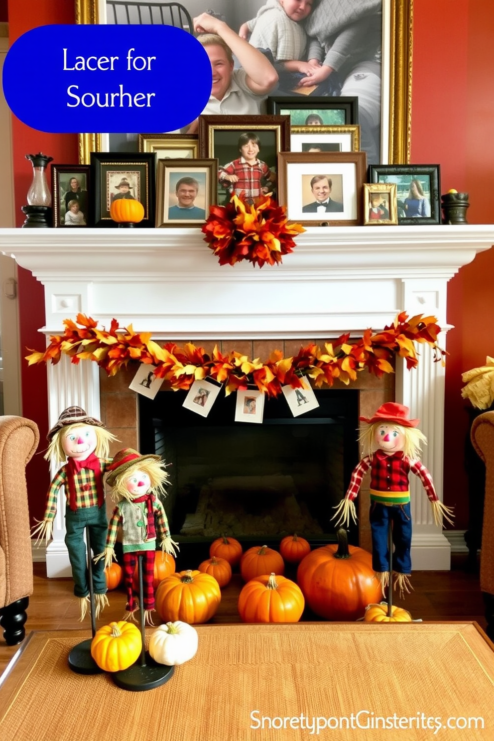 Miniature scarecrows are strategically placed around a cozy living room setting. They add a playful touch to the seasonal decor, complementing the warm autumn hues of the space. The fireplace is adorned with a garland of fall leaves and small pumpkins. Above the mantel, a collection of framed family photos creates a warm and inviting atmosphere for Labor Day celebrations.