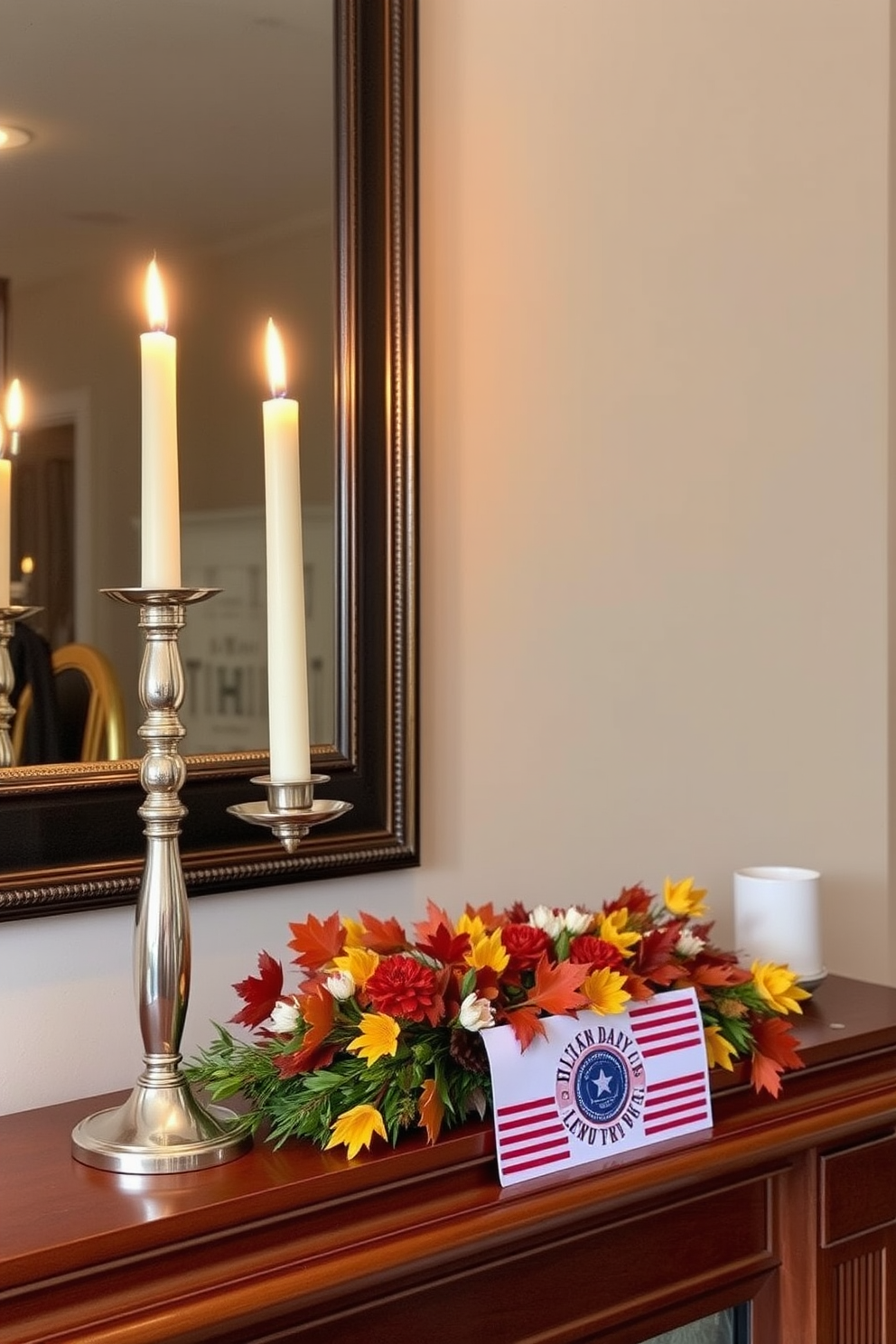 Elegant candlesticks with tapered candles stand gracefully on a polished wooden mantel. The soft glow of the candles casts a warm light, enhancing the cozy atmosphere of the room. Labor Day decorations adorn the fireplace, featuring a tasteful arrangement of autumn leaves and seasonal flowers. The combination of rich colors and natural elements creates a welcoming focal point for gatherings.