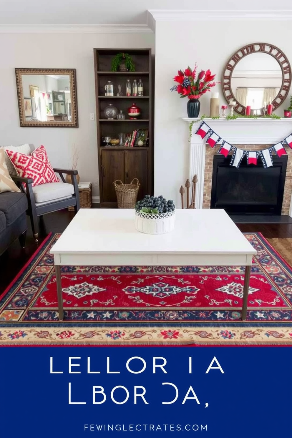 Layered rugs create a cozy atmosphere in a living room. The top rug features a vibrant pattern while the bottom rug is a neutral tone, allowing both to complement each other beautifully. For Labor Day, the fireplace can be adorned with seasonal decorations. Use red, white, and blue accents such as candles, garlands, and small flags to celebrate the holiday in style.