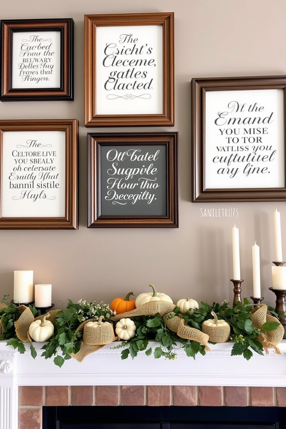 Seasonal quotes in stylish frames add a touch of elegance to any interior space. The frames are made of high-quality wood with intricate detailing, showcasing quotes that celebrate the essence of each season. Labor Day fireplace decorating ideas create a warm and inviting atmosphere for gatherings. The mantel is adorned with rustic elements like burlap garlands, small pumpkins, and candles in varied heights for a cozy, festive look.