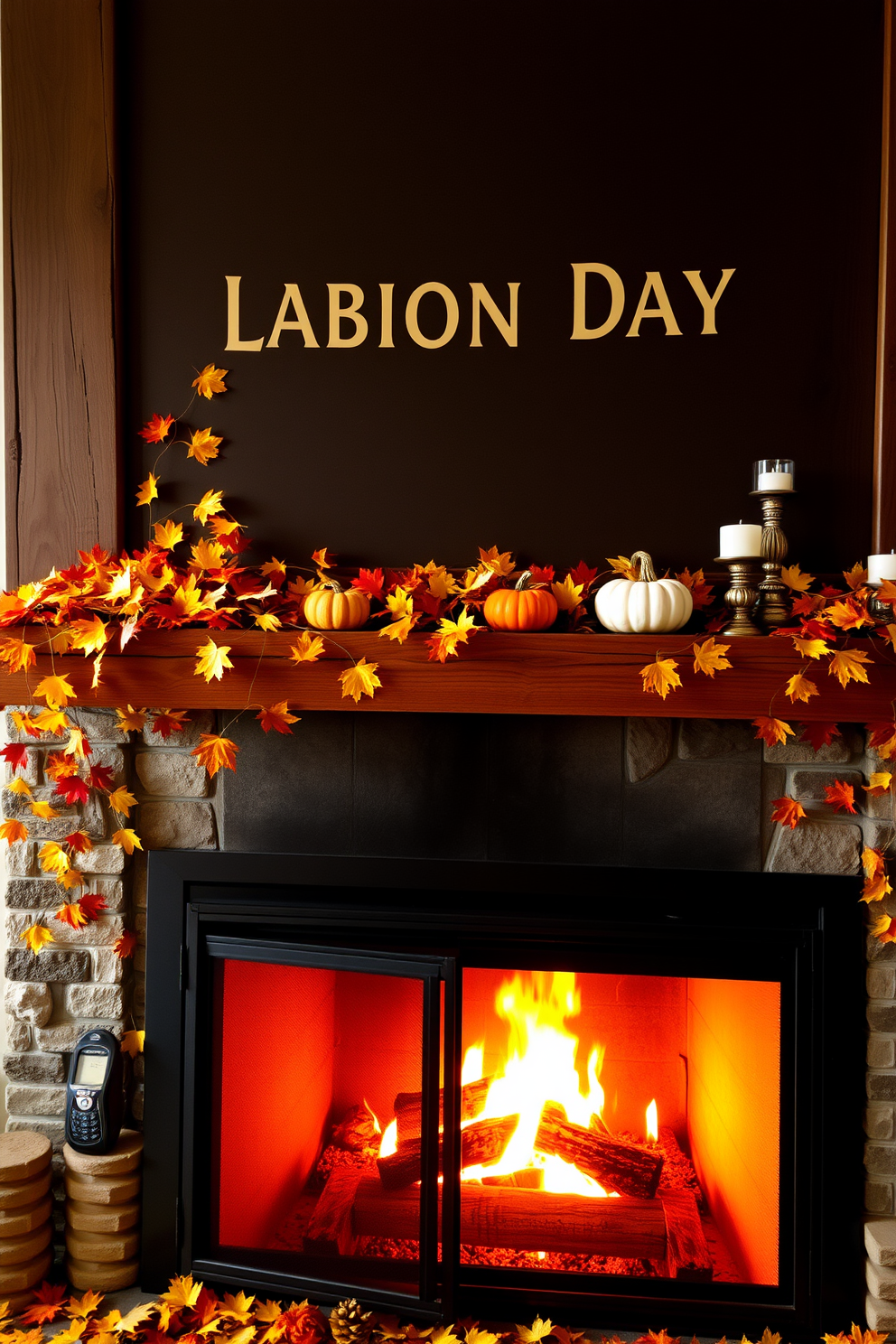 A cozy fireplace adorned with colorful leaves scattered across the mantel creates a warm autumn atmosphere. The leaves in shades of orange, red, and yellow complement the rustic wooden mantel and the inviting glow of the fire. On the mantel, small decorative pumpkins and candles add a festive touch, enhancing the Labor Day theme. The overall arrangement invites a sense of comfort and celebration, perfect for gathering with friends and family.