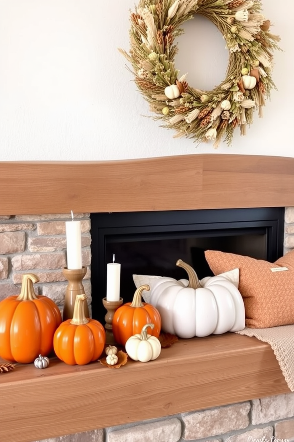 Chic ceramic pumpkins in varying heights are arranged on a rustic wooden mantel. The pumpkins feature a glossy finish in shades of orange and cream, complemented by soft white candles and autumn leaves scattered around them. Labor Day fireplace decorating ideas include a cozy arrangement of plush blankets and seasonal pillows in warm tones. A stylish wreath made of dried flowers and greenery hangs above the fireplace, enhancing the inviting atmosphere.