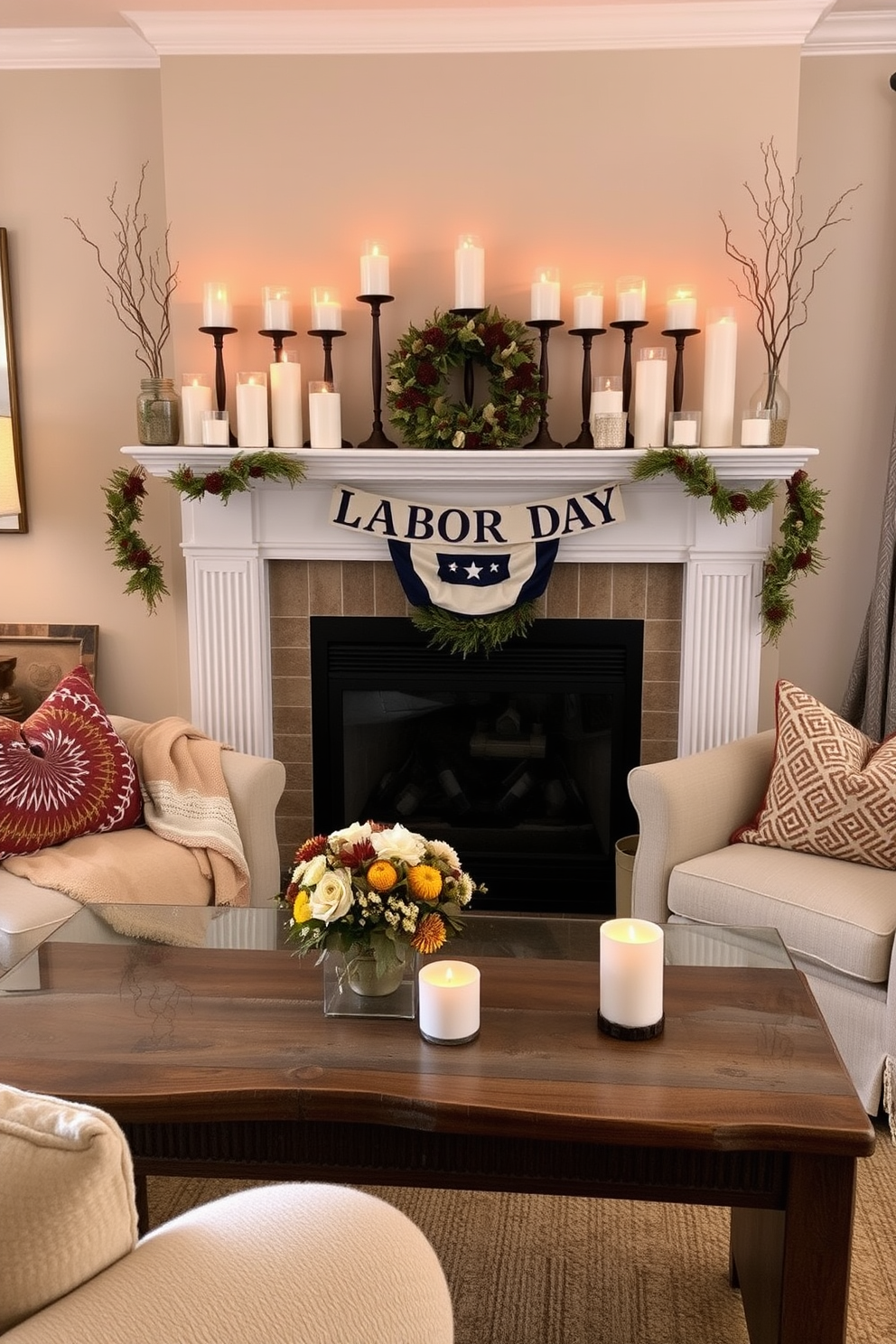 A cozy living room setting featuring a beautifully arranged fireplace adorned with seasonal decorations for Labor Day. The mantel is decorated with an assortment of scented candles in varying heights, creating a warm and inviting atmosphere. Soft throw blankets are draped over a plush sofa, while decorative pillows add a pop of color. A rustic coffee table sits in front of the fireplace, topped with a few carefully placed candles and a small bouquet of autumn flowers.