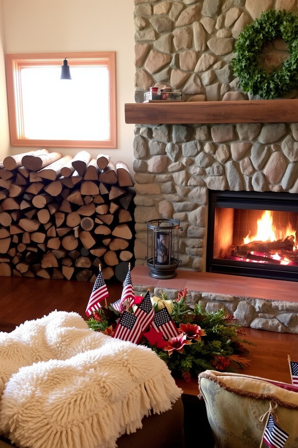 A cozy living room featuring rustic wood logs stacked neatly beside a stone fireplace. The warm glow of the fire illuminates the space, creating an inviting atmosphere perfect for gatherings. Decorative elements for Labor Day include small American flags and seasonal foliage arranged around the fireplace. Plush blankets and comfortable seating enhance the rustic charm, inviting relaxation and celebration.