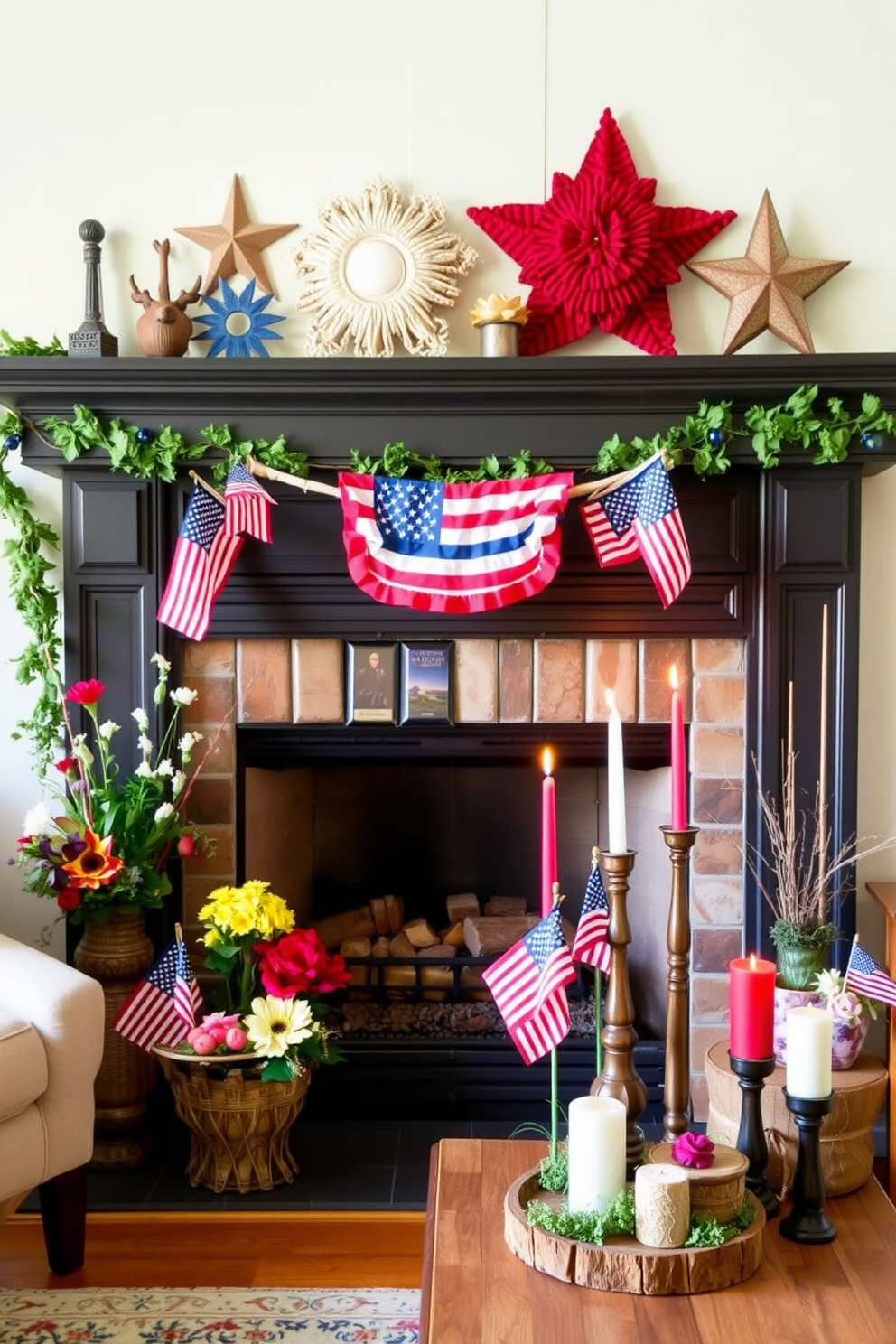 Handmade crafts for a personal touch. The living room features a cozy fireplace adorned with unique handmade decorations that reflect the warmth of the season. Labor Day fireplace decorating ideas. The mantel is embellished with rustic elements such as small American flags, seasonal flowers, and candles in red, white, and blue hues.