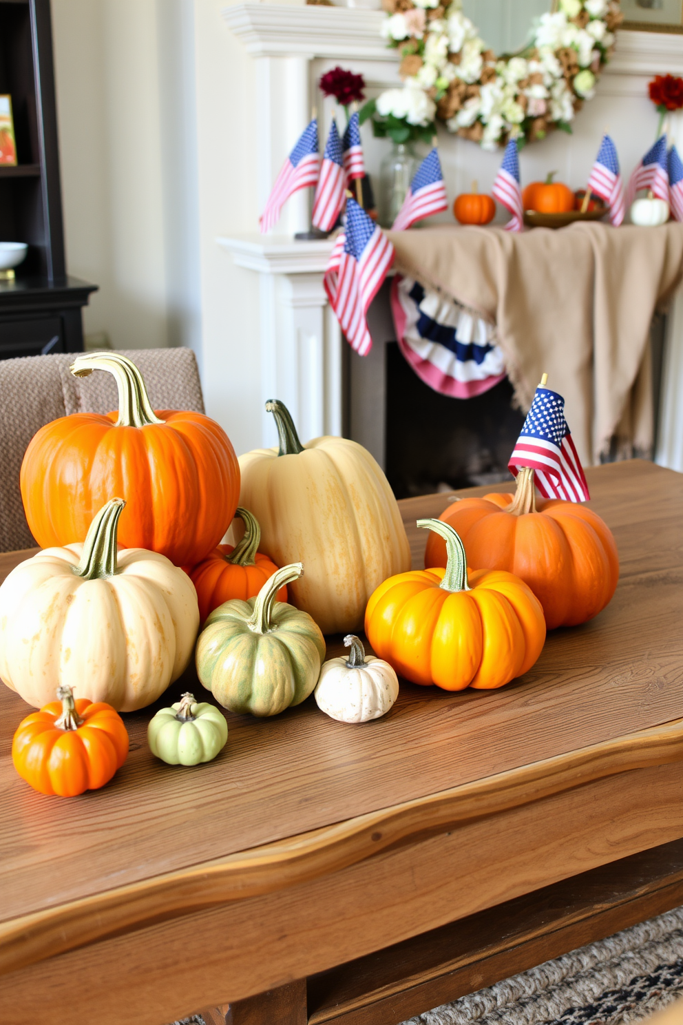 Decorative pumpkins in various sizes are artfully arranged on a rustic wooden table. The vibrant oranges and muted greens of the pumpkins contrast beautifully with the natural wood grain, creating a warm and inviting autumn atmosphere. Labor Day fireplace decorating ideas include a charming display of small American flags and seasonal flowers. A cozy throw blanket drapes over the mantel, complementing the festive decor while providing a comfortable touch for gatherings.