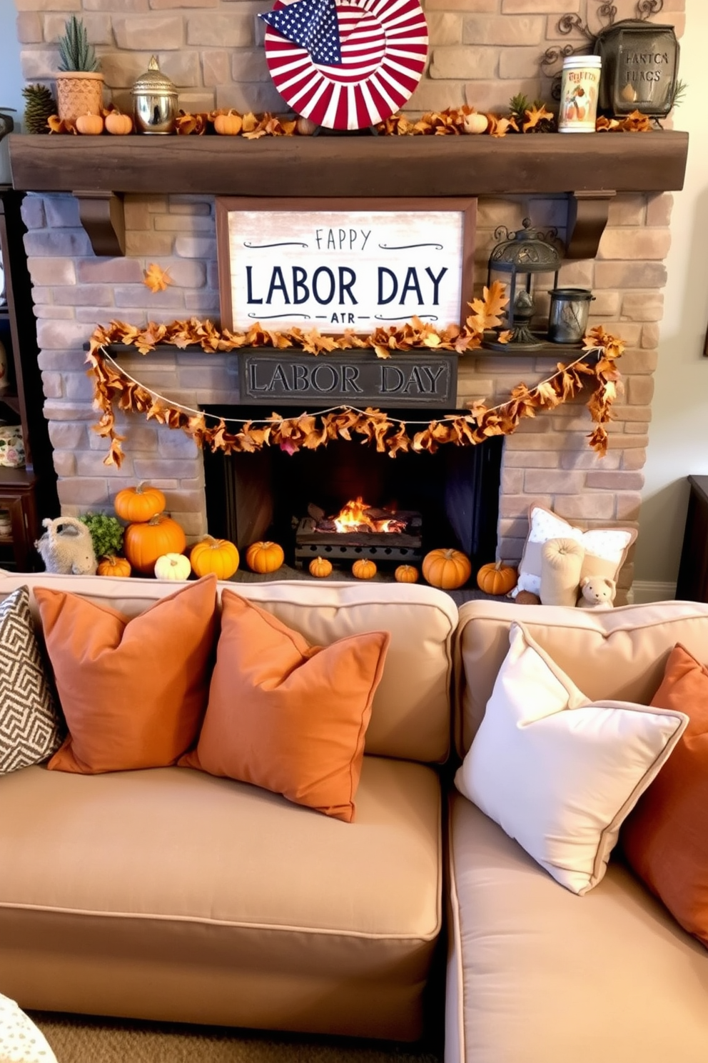 Warm-toned throw pillows are scattered across a plush sectional sofa, adding a cozy touch to the living room. The pillows feature various textures and patterns, enhancing the inviting atmosphere of the space. A rustic fireplace is the focal point of the room, adorned with seasonal decorations for Labor Day. Surrounding the fireplace are small pumpkins and autumn leaves, creating a warm and festive ambiance.