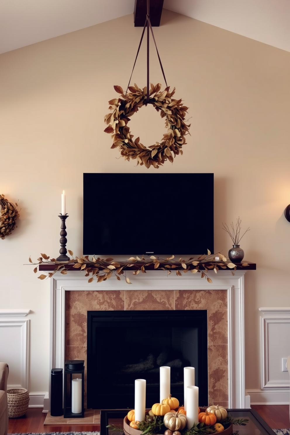 A cozy living room adorned with a hanging wreath made of dried leaves. The wreath is elegantly displayed above the fireplace, creating a warm and inviting atmosphere. The fireplace is decorated with seasonal accents, including small pumpkins and candles. Soft, neutral tones on the walls complement the natural elements, enhancing the festive yet sophisticated look.