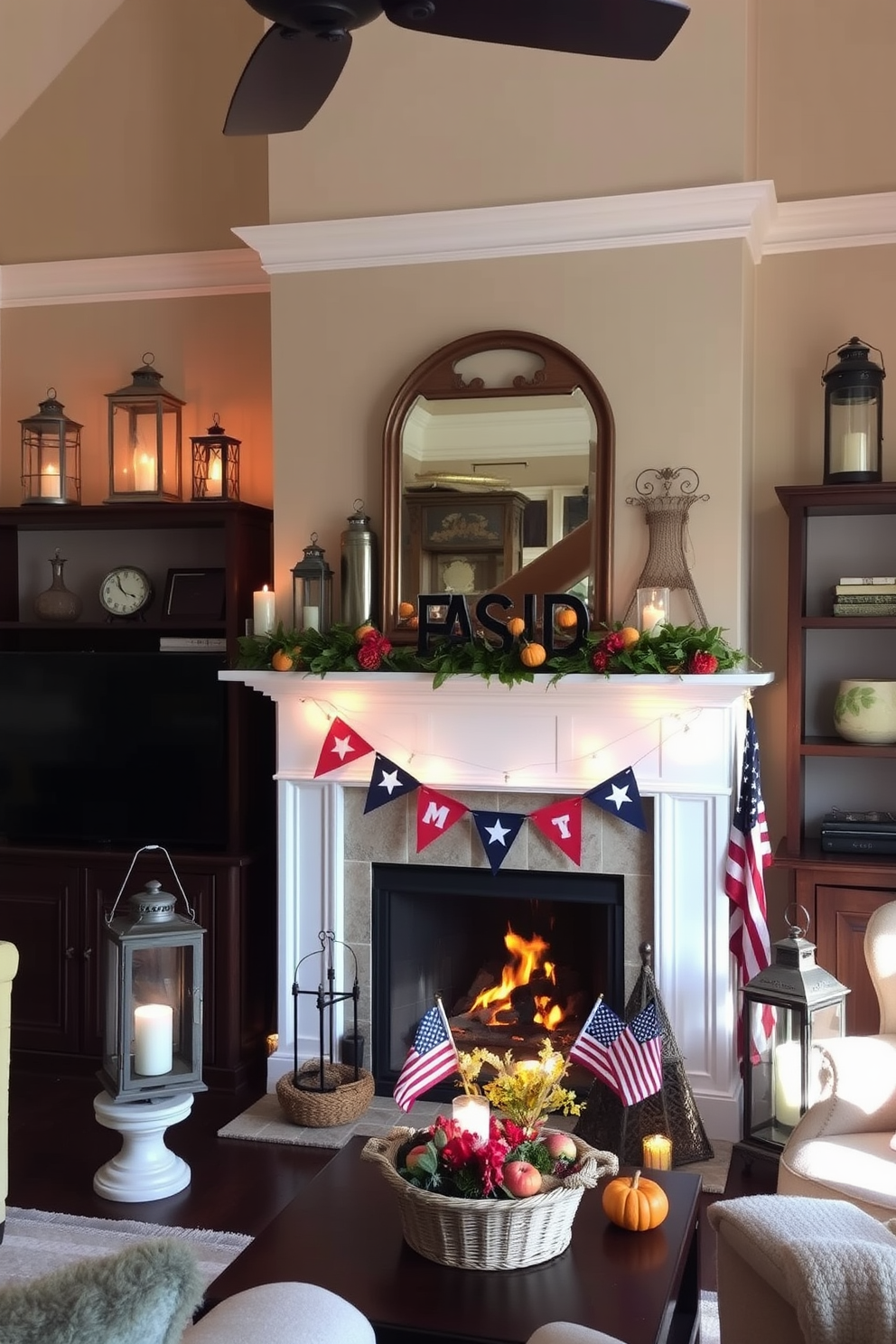 A cozy living room adorned with vintage lanterns casting a warm glow throughout the space. The lanterns are strategically placed on shelves and tables, creating an inviting atmosphere perfect for relaxation. A beautifully decorated fireplace serves as the focal point of the room for Labor Day celebrations. The mantel is adorned with seasonal decor, including small American flags and autumn-themed accents, enhancing the festive spirit.