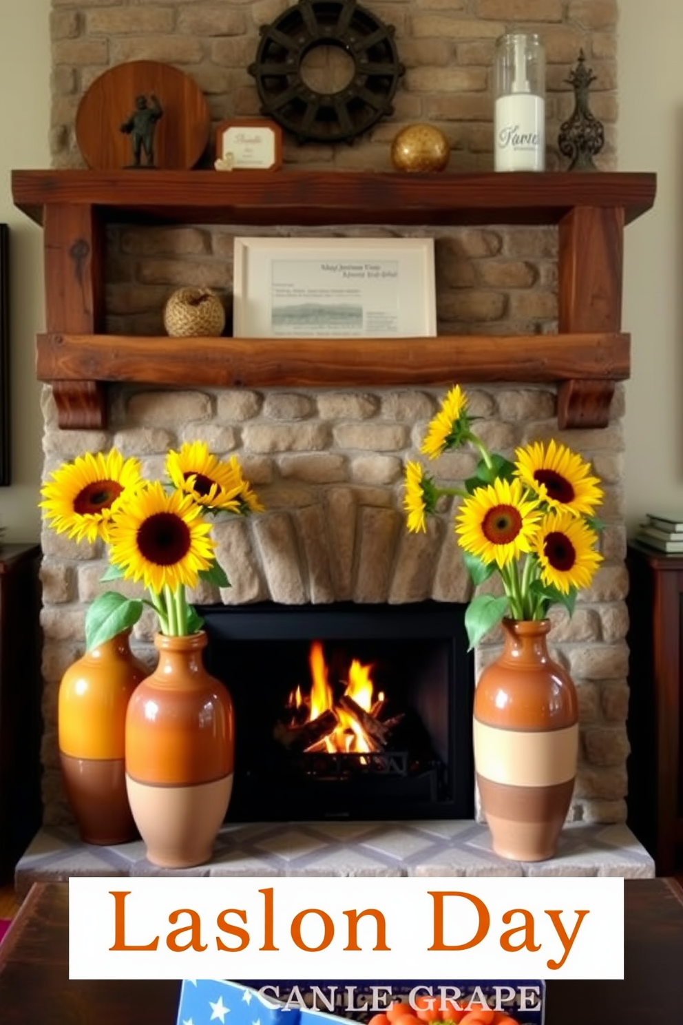 A cozy living room setting featuring a rustic fireplace adorned with earthy ceramic vases filled with vibrant sunflowers. The warm tones of the vases complement the natural wood mantel and the soft glow of the fire, creating an inviting atmosphere for Labor Day celebrations.