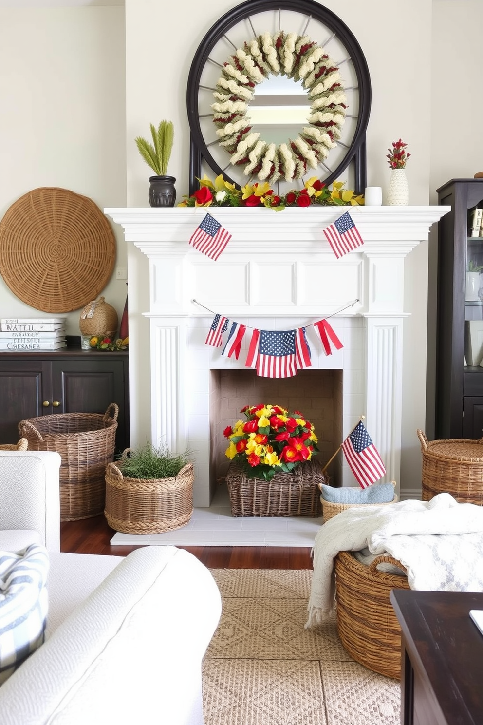 A cozy living room featuring layered textures with woven baskets strategically placed around the space. The fireplace is elegantly decorated for Labor Day with seasonal accents, including small American flags and autumnal foliage.