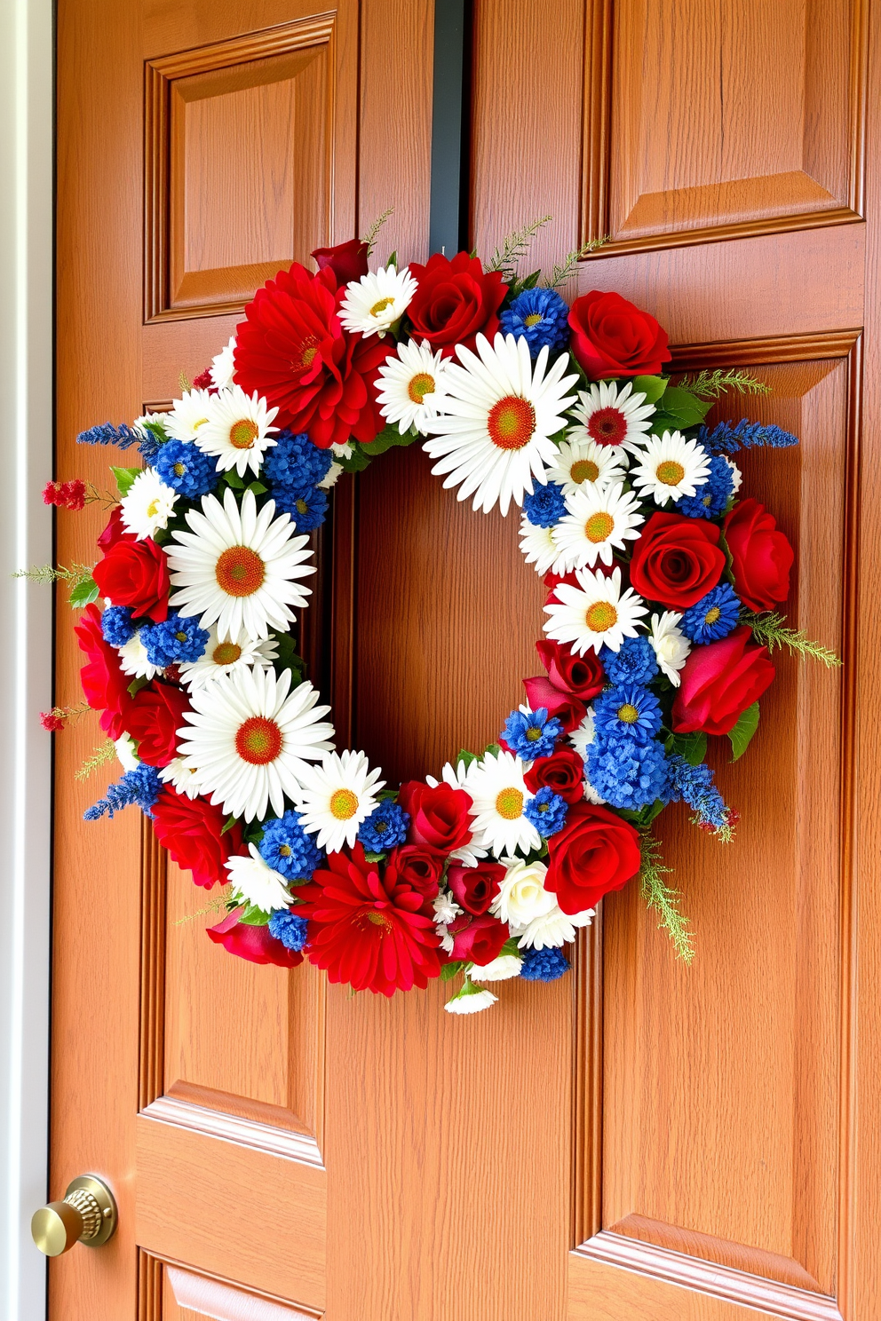 A vibrant wreath adorned with red white and blue flowers is hung on a classic wooden front door. The wreath features a mix of daisies and roses creating a festive look perfect for Labor Day celebrations.