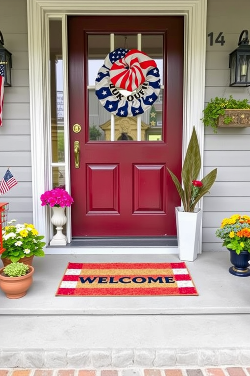 A welcoming front door adorned with a vibrant welcome mat featuring red white and blue colors. The mat is placed against a backdrop of a charming porch decorated with small potted plants and seasonal decor for Labor Day.