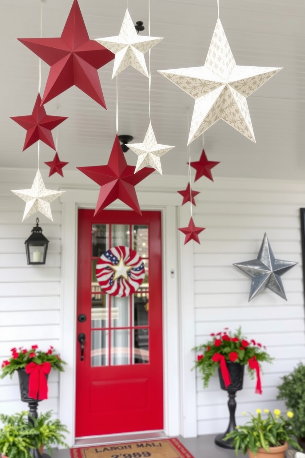 A charming porch adorned with decorative stars in various sizes hanging gracefully from the ceiling. The front door is painted a vibrant red, welcoming guests with a festive touch for Labor Day celebrations.