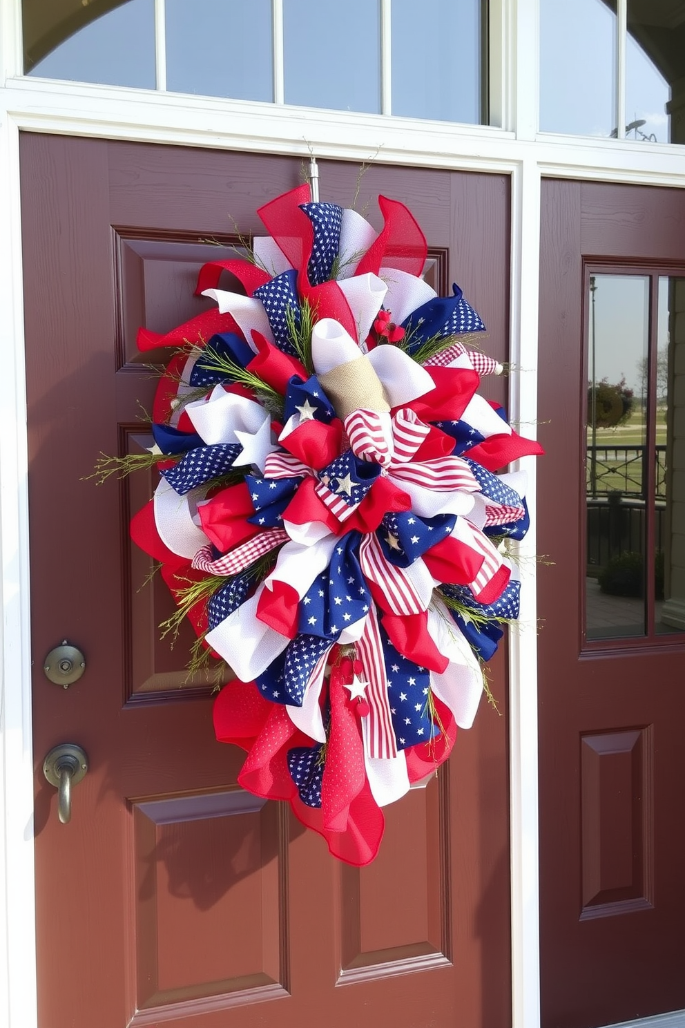 A festive front door adorned with a red white and blue swag arrangement. The swag features vibrant fabric in patriotic colors, complemented by seasonal accents like stars and stripes.