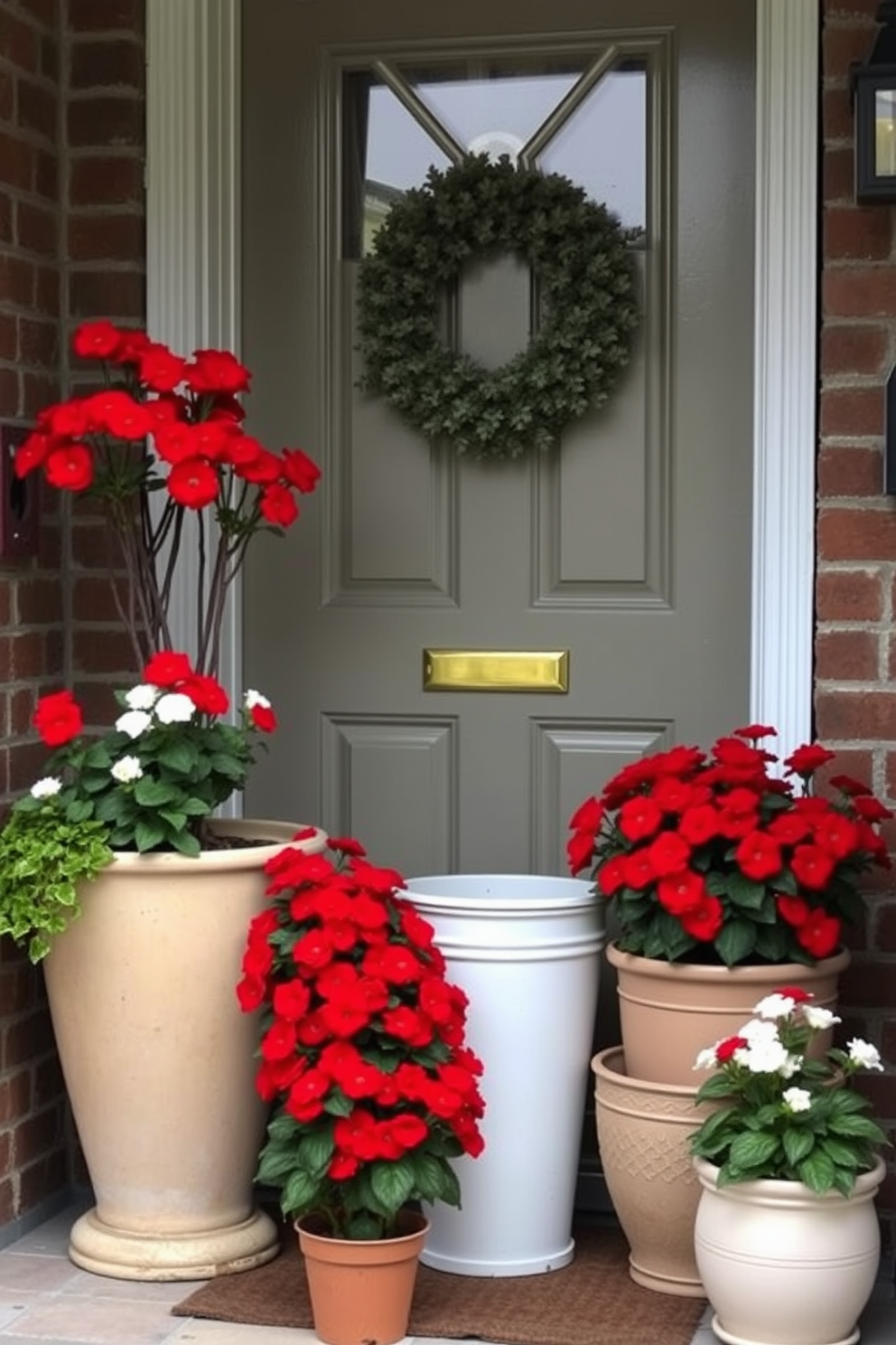 A welcoming front door adorned with potted plants featuring vibrant red and white flowers. The arrangement includes a mix of large and small pots, creating a layered effect that enhances the entrance's charm.