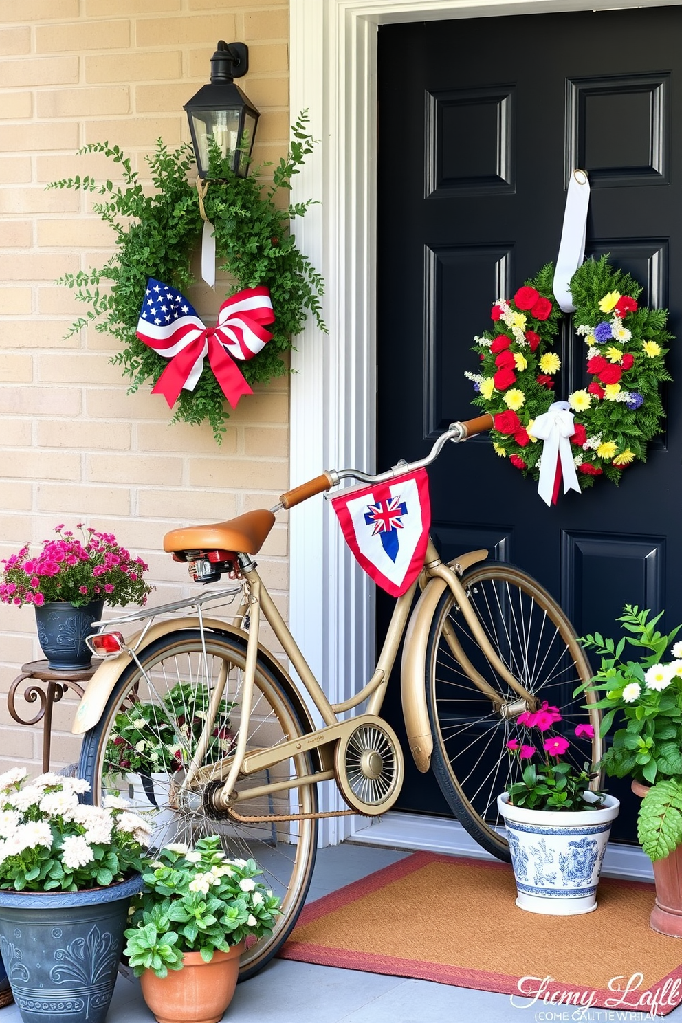 A charming front door adorned with a vintage bicycle decorated with festive flag accents. The bicycle leans against the door frame, surrounded by potted plants and colorful wreaths to celebrate Labor Day.