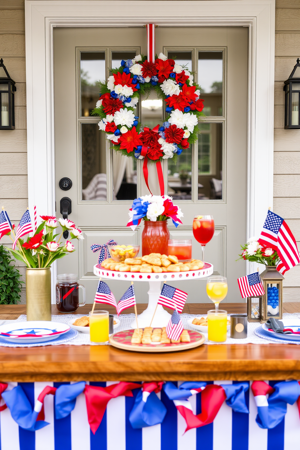 A beautifully arranged tabletop featuring an array of themed snacks and drinks for a Labor Day celebration. The table is adorned with vibrant red, white, and blue decorations, complemented by festive plates and glasses filled with refreshing beverages. The front door is elegantly decorated to welcome guests for Labor Day. A cheerful wreath made of seasonal flowers and ribbons hangs prominently, while small American flags and decorative lanterns add a festive touch to the entrance.