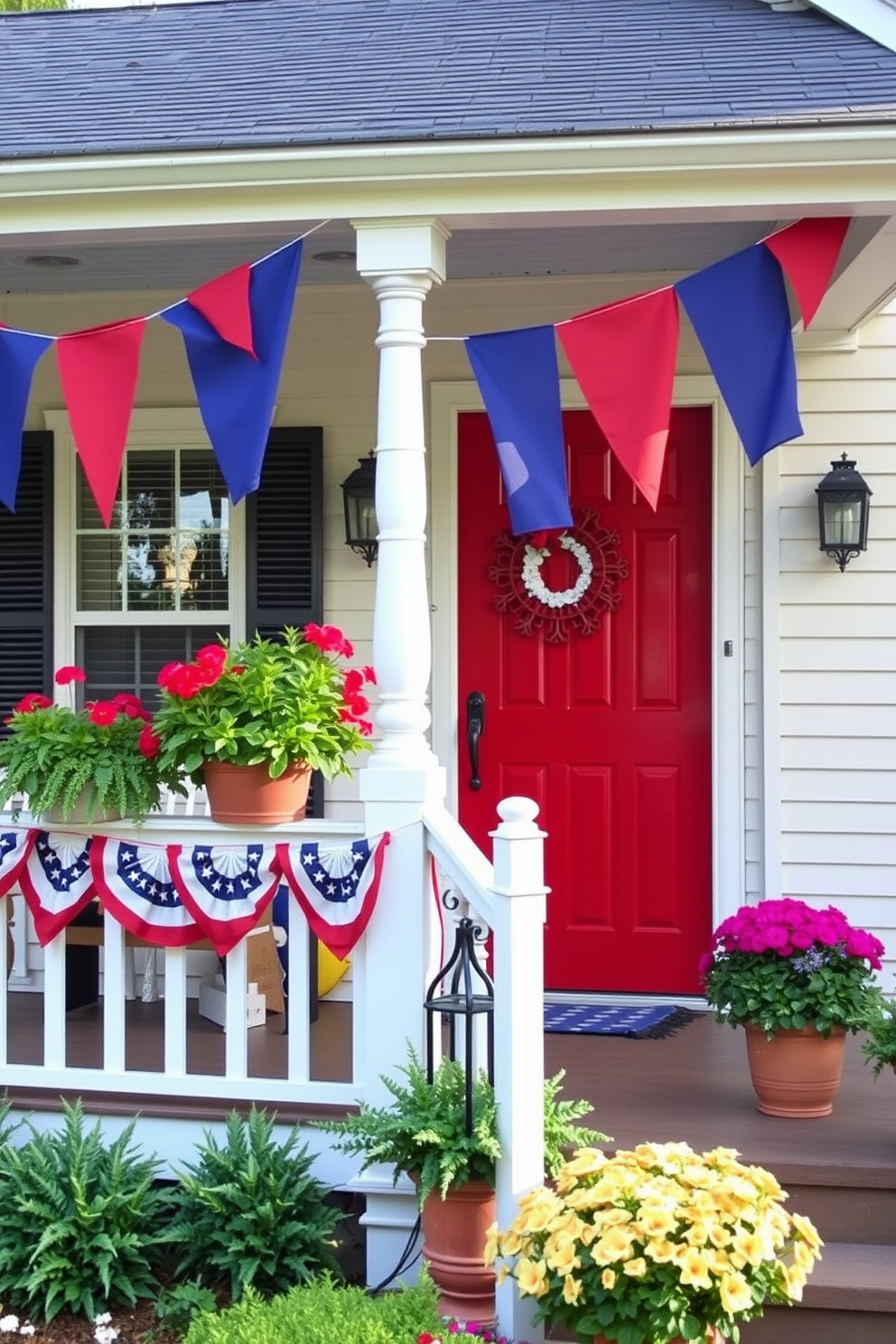 A charming porch setting adorned with colorful bunting flags gracefully draped along the railing. The front door is painted a vibrant red, welcoming guests with a festive touch for Labor Day celebrations.