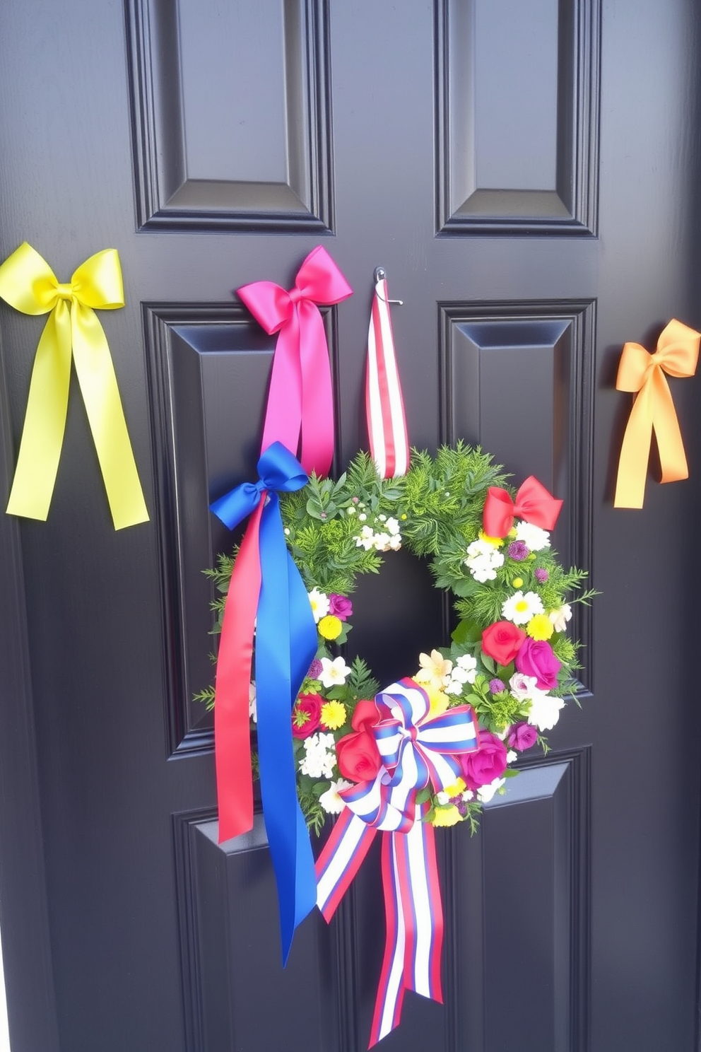 A vibrant display of colorful ribbons elegantly tied around the door handles creates a festive atmosphere for Labor Day. The front door is adorned with a cheerful wreath made of seasonal flowers, complementing the bright ribbons and welcoming guests with a touch of holiday spirit.