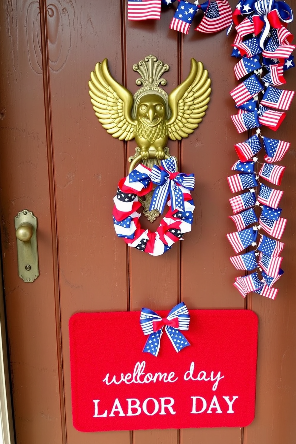 A patriotic themed door knocker display features a large brass knocker shaped like an eagle mounted on a rustic wooden door. Surrounding the knocker are red white and blue decorations including a small wreath made of stars and stripes fabric. For Labor Day front door decorating ideas consider using a vibrant red door mat that welcomes guests with a cheerful message. Adorn the door with a garland of mini American flags and a large bow made of blue and white ribbon for a festive touch.