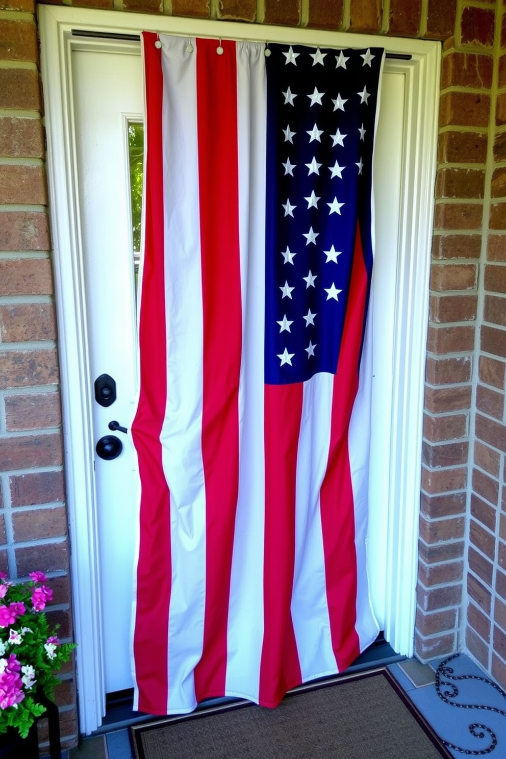 A vibrant door curtain designed with an American flag motif hangs gracefully at the entrance. The curtain adds a festive touch to the front door, perfect for celebrating Labor Day with patriotic flair.