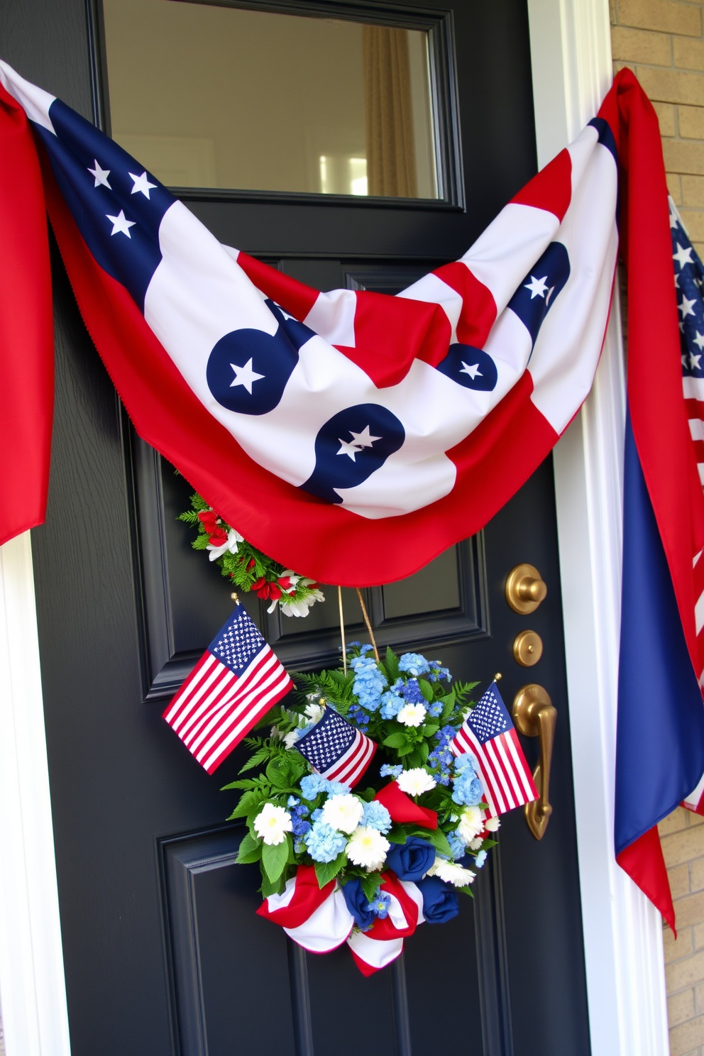 A vibrant patriotic banner drapes across the front door, featuring bold red, white, and blue colors that celebrate the spirit of Labor Day. The door is adorned with seasonal decorations, including a wreath made of miniature American flags and fresh flowers in shades of blue and white.