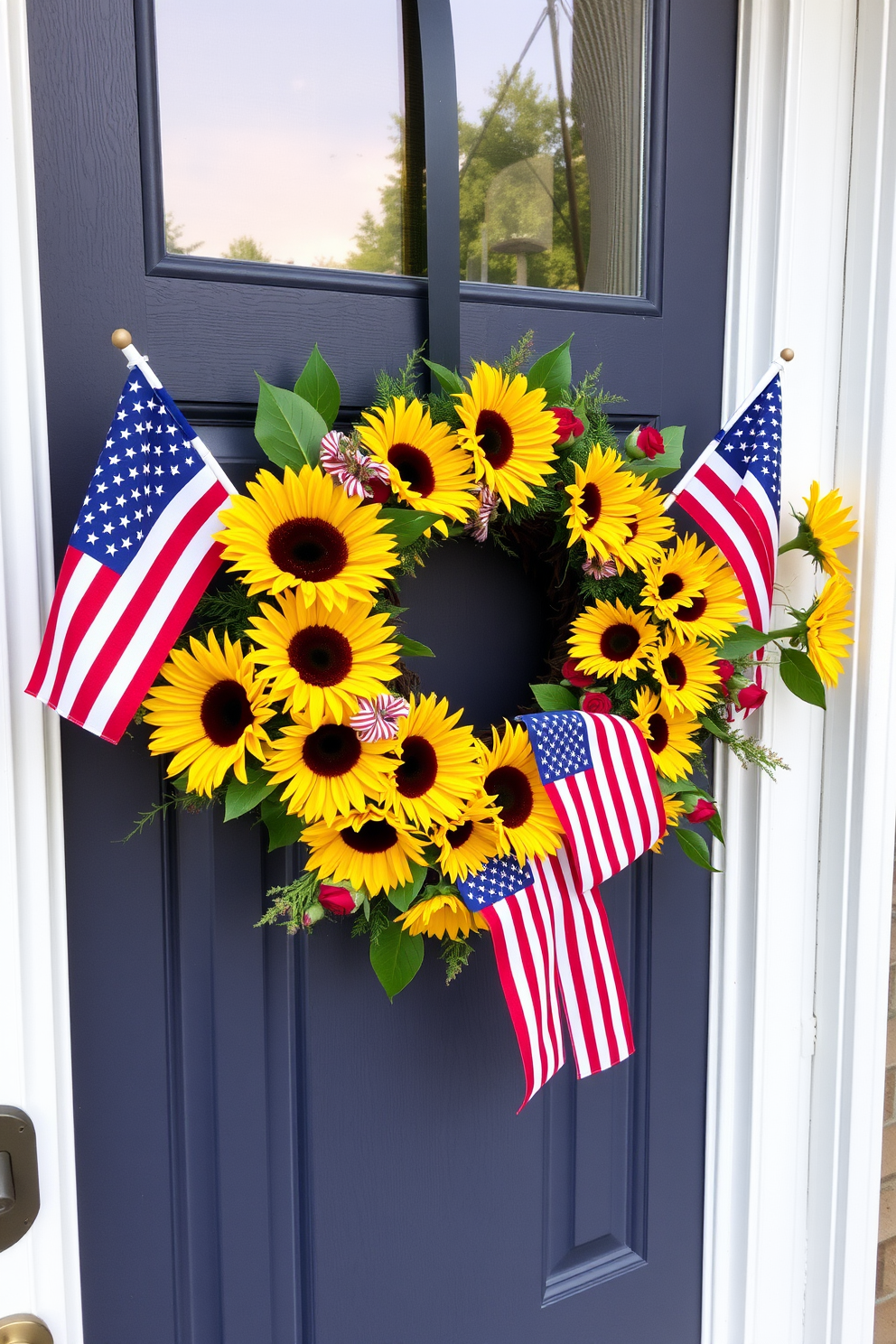 A vibrant seasonal wreath adorned with bright sunflowers and patriotic flags is elegantly displayed on the front door. The wreath adds a cheerful touch to the entrance, welcoming guests with a festive Labor Day spirit.