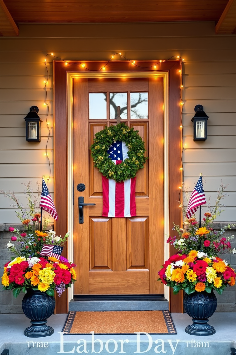 A charming front door setting adorned with a wooden door frame accented by twinkling fairy lights. Vibrant floral arrangements in seasonal colors are placed on either side of the entrance, creating a welcoming atmosphere for Labor Day celebrations.