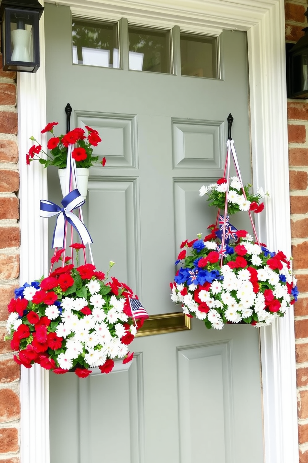 A charming front door adorned with hanging flower baskets in vibrant red, white, and blue colors. The baskets overflow with seasonal blooms, creating a festive and welcoming atmosphere for Labor Day celebrations.