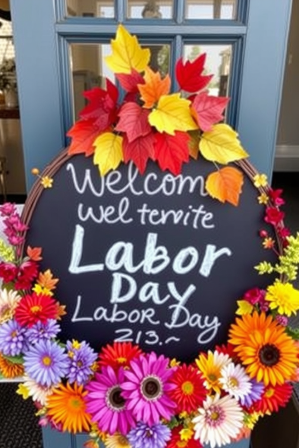 Chalkboard sign with a festive message welcoming guests to celebrate Labor Day. The sign is adorned with colorful autumn leaves and surrounded by a wreath of vibrant seasonal flowers.