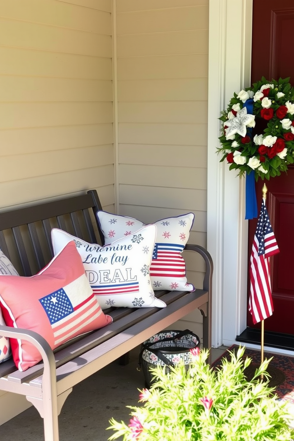 A collection of decorative pillows adorned with patriotic prints is arranged on a cozy outdoor bench. The pillows feature vibrant colors like red, white, and blue, creating a festive atmosphere for Labor Day celebrations. The front door is beautifully decorated with a seasonal wreath made of red and white flowers, accented with blue ribbons. A small American flag stands proudly next to the door, welcoming guests with a cheerful and patriotic touch.