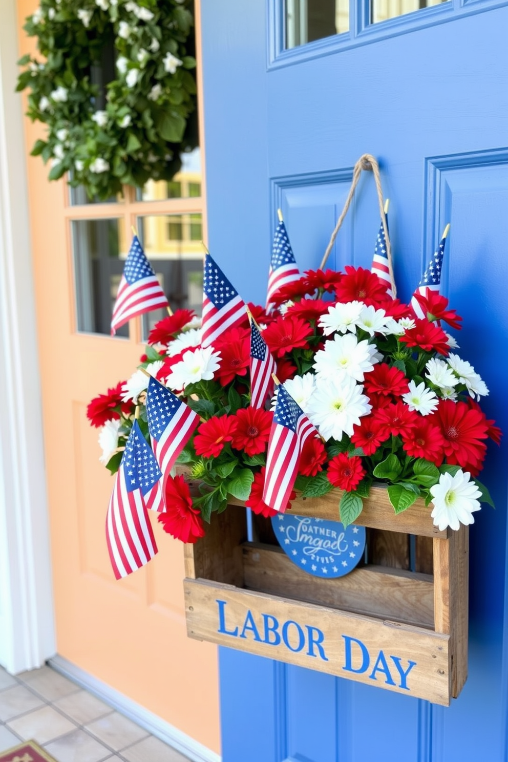 A charming front door adorned with a wooden crate filled with seasonal decor for Labor Day. The crate is overflowing with vibrant red, white, and blue flowers, and small American flags are nestled among the blooms.