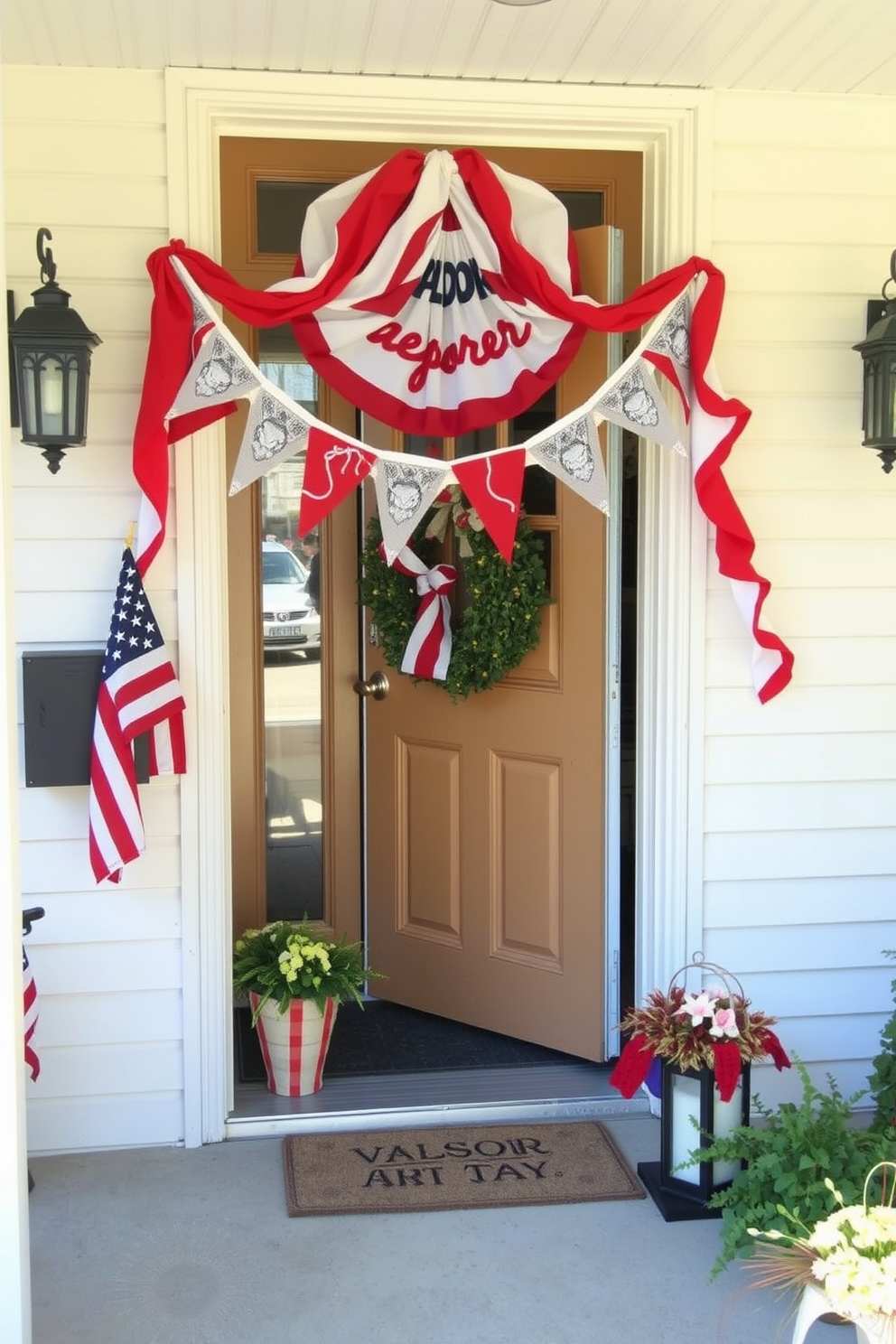 A charming front door setting decorated for Labor Day. The doorway is adorned with red and white bunting that gracefully drapes across the entrance, creating a festive atmosphere.