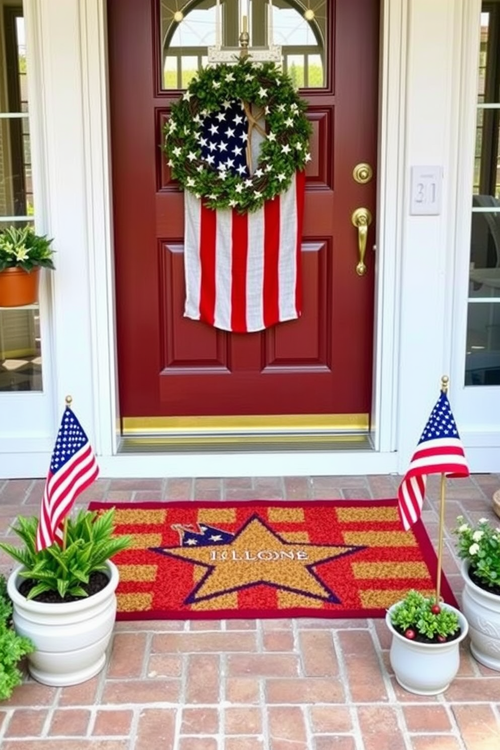 A star spangled door mat welcomes guests at the entryway creating a festive atmosphere. Surrounding the door mat are potted plants and a small American flag to enhance the Labor Day theme.