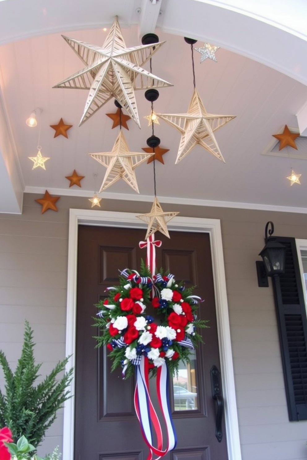 A cozy porch adorned with hanging stars from the ceiling creates a whimsical atmosphere. The stars are made of natural materials, adding a rustic charm to the space. For Labor Day, the front door is decorated with a vibrant wreath featuring red, white, and blue flowers. The wreath is complemented by festive ribbons that flow gracefully in the breeze.