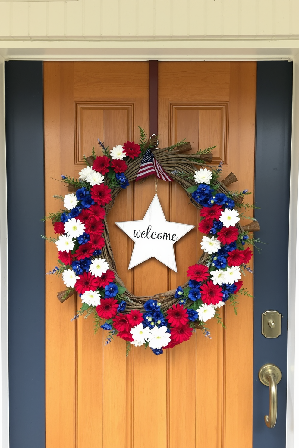 A patriotic themed door art installation featuring a large wooden wreath adorned with red white and blue flowers. The wreath is complemented by a star shaped welcome sign hanging in the center creating a festive atmosphere for Labor Day.