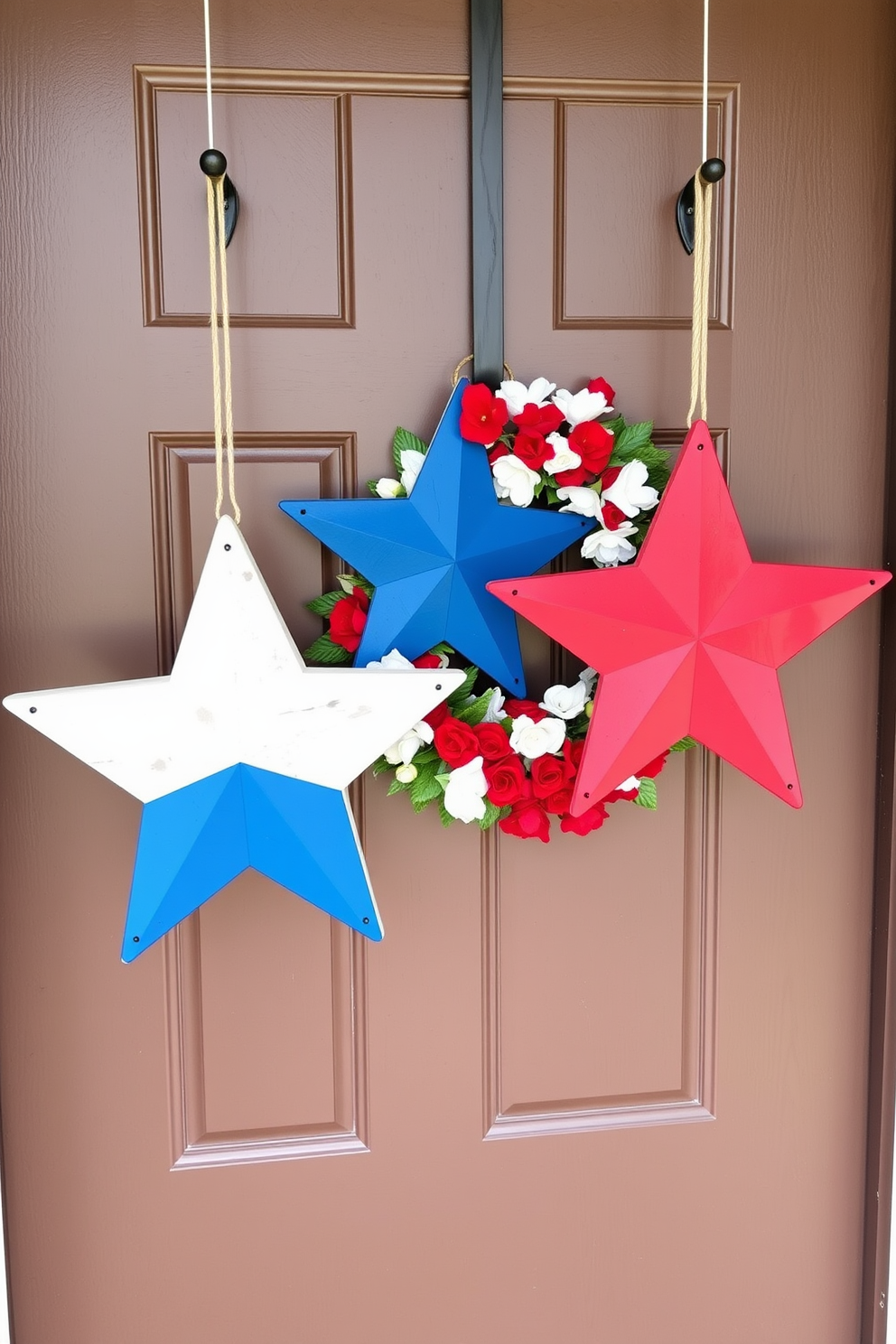 Star shaped door hangers made from natural wood hang gracefully on the front door adding a charming touch to the decor. These hangers are painted in vibrant colors to celebrate Labor Day, creating a festive and welcoming atmosphere for guests. The front door is adorned with a beautiful wreath made of red, white, and blue flowers that complements the star shaped hangers perfectly. A simple yet elegant welcome mat in a neutral tone lies at the entrance, inviting everyone to step inside and enjoy the holiday spirit.