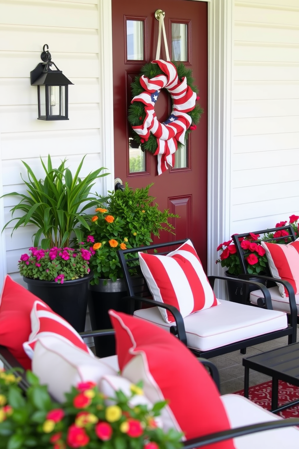 Outdoor seating area featuring comfortable red and white cushions arranged on a stylish patio set. The space is adorned with vibrant potted plants and a welcoming Labor Day wreath hanging on the front door.