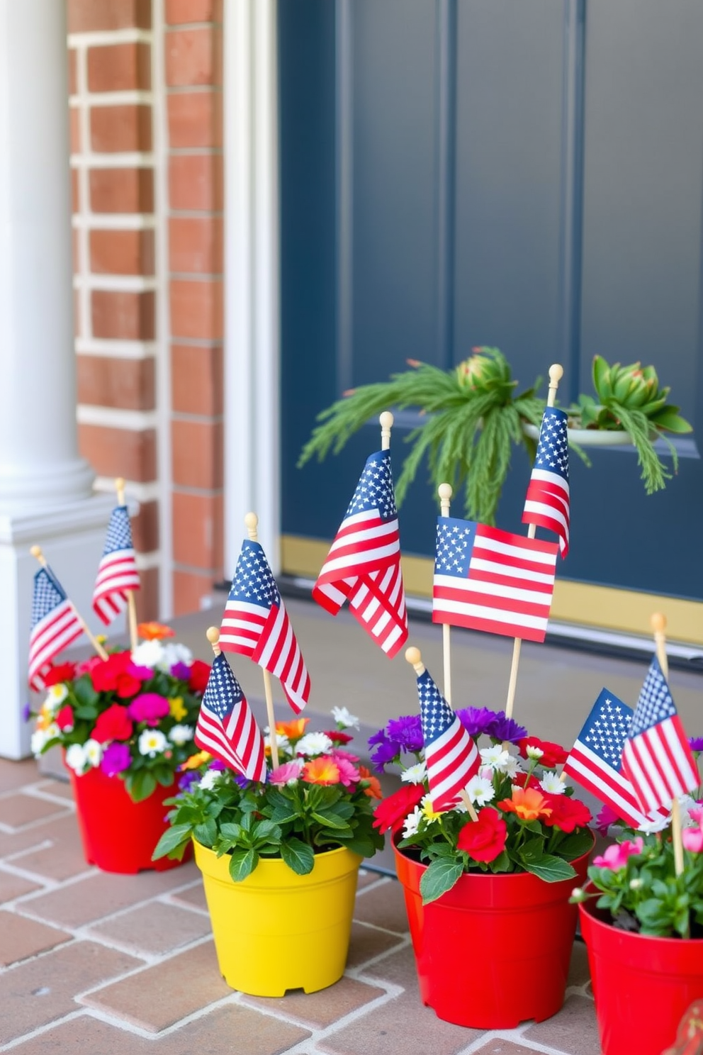 Mini American flags in vibrant flower pots adorn the front entrance, creating a festive and patriotic atmosphere for Labor Day. The flower pots are filled with colorful blooms that complement the flags, adding a cheerful touch to the decor.