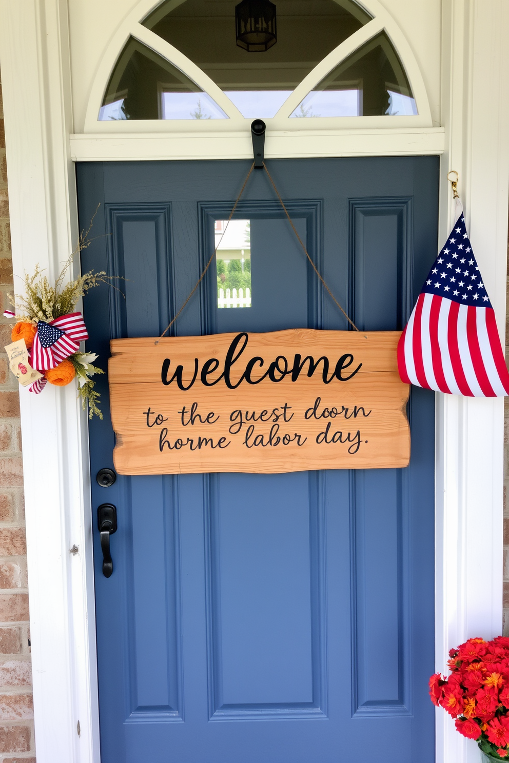 A rustic wooden sign hangs on the front door, welcoming guests with a warm and inviting message. The sign features natural wood tones and is adorned with seasonal decorations that celebrate Labor Day.