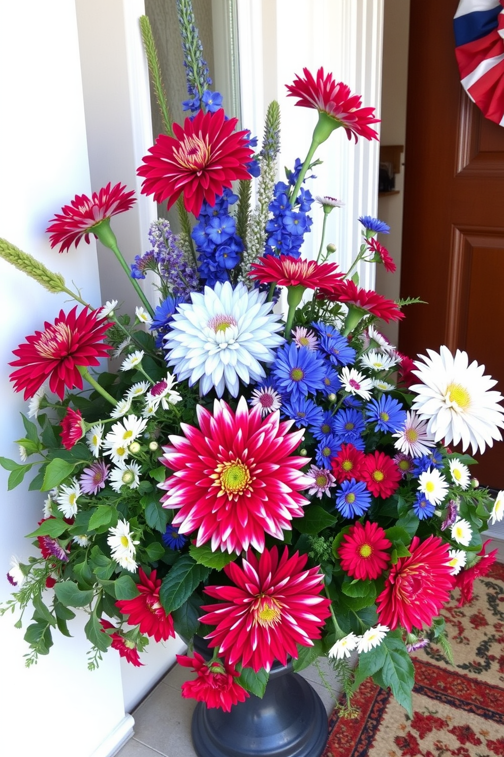 A festive front door display featuring seasonal flowers in vibrant shades of red, white, and blue. The arrangement includes a mix of bold dahlias, delicate daisies, and lush greenery, creating a welcoming and patriotic atmosphere.