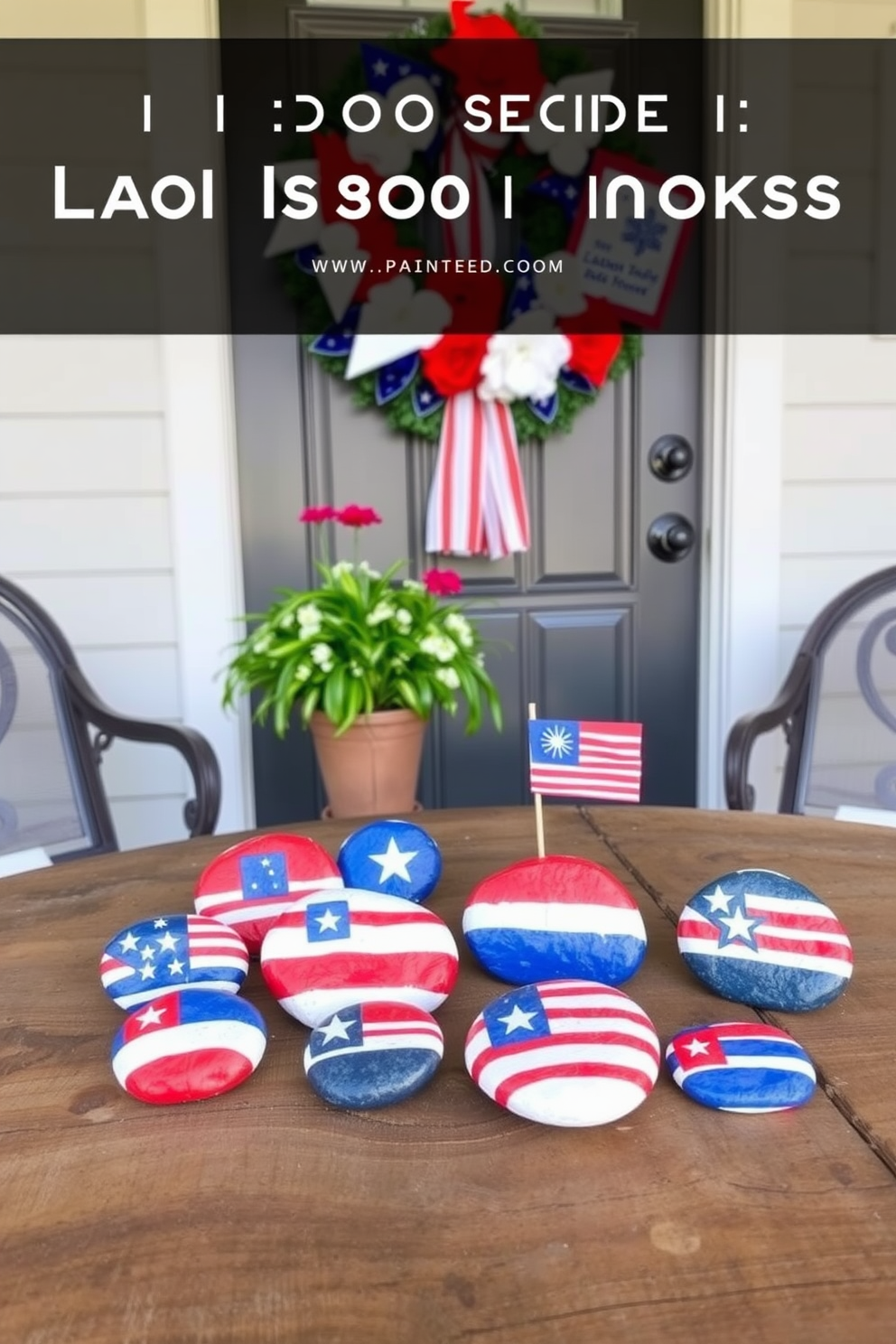 A collection of DIY painted rocks featuring patriotic themes is displayed on a rustic wooden table. Each rock is uniquely designed with stars and stripes, showcasing vibrant red, white, and blue colors. For Labor Day, the front door is adorned with a cheerful wreath made of red, white, and blue flowers. Festive bunting hangs from the door frame, creating a welcoming atmosphere for guests.